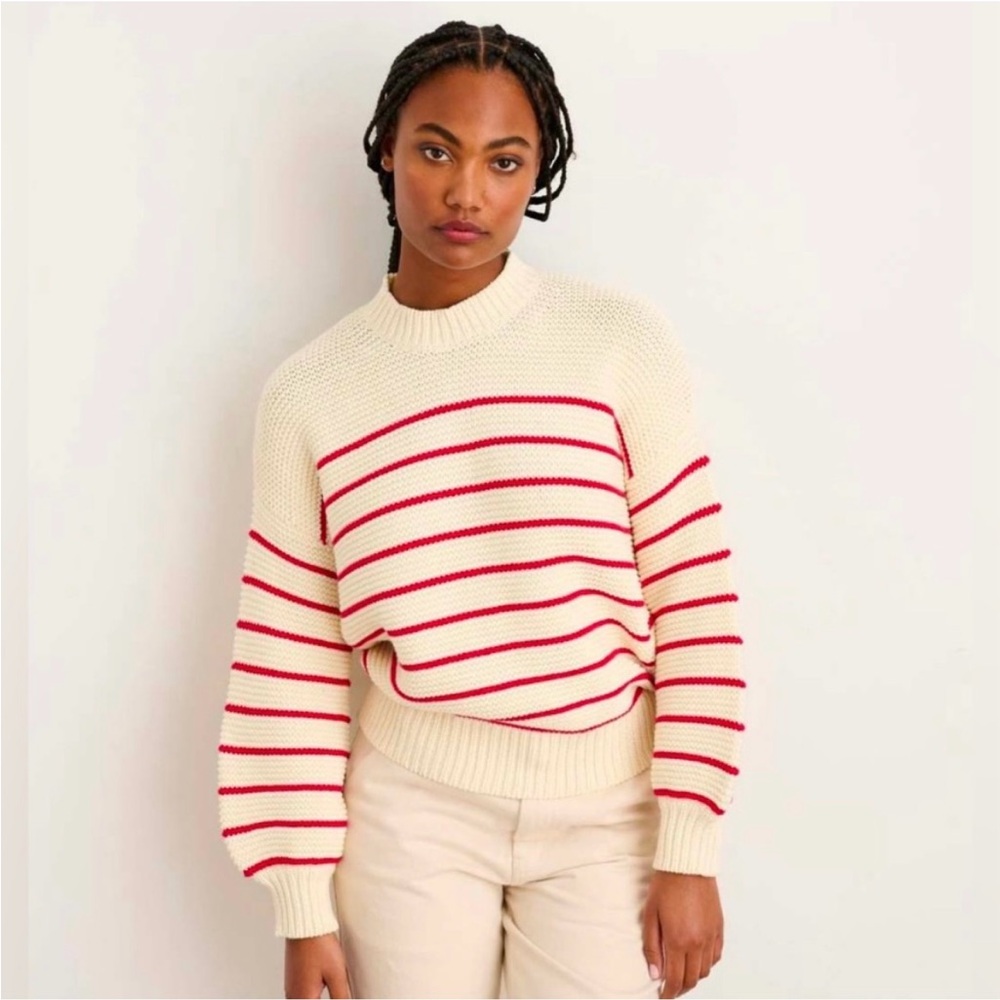 Alex Mill Crew Neck Back Button Cotton Striped Red and Cream Sweater Sz. S